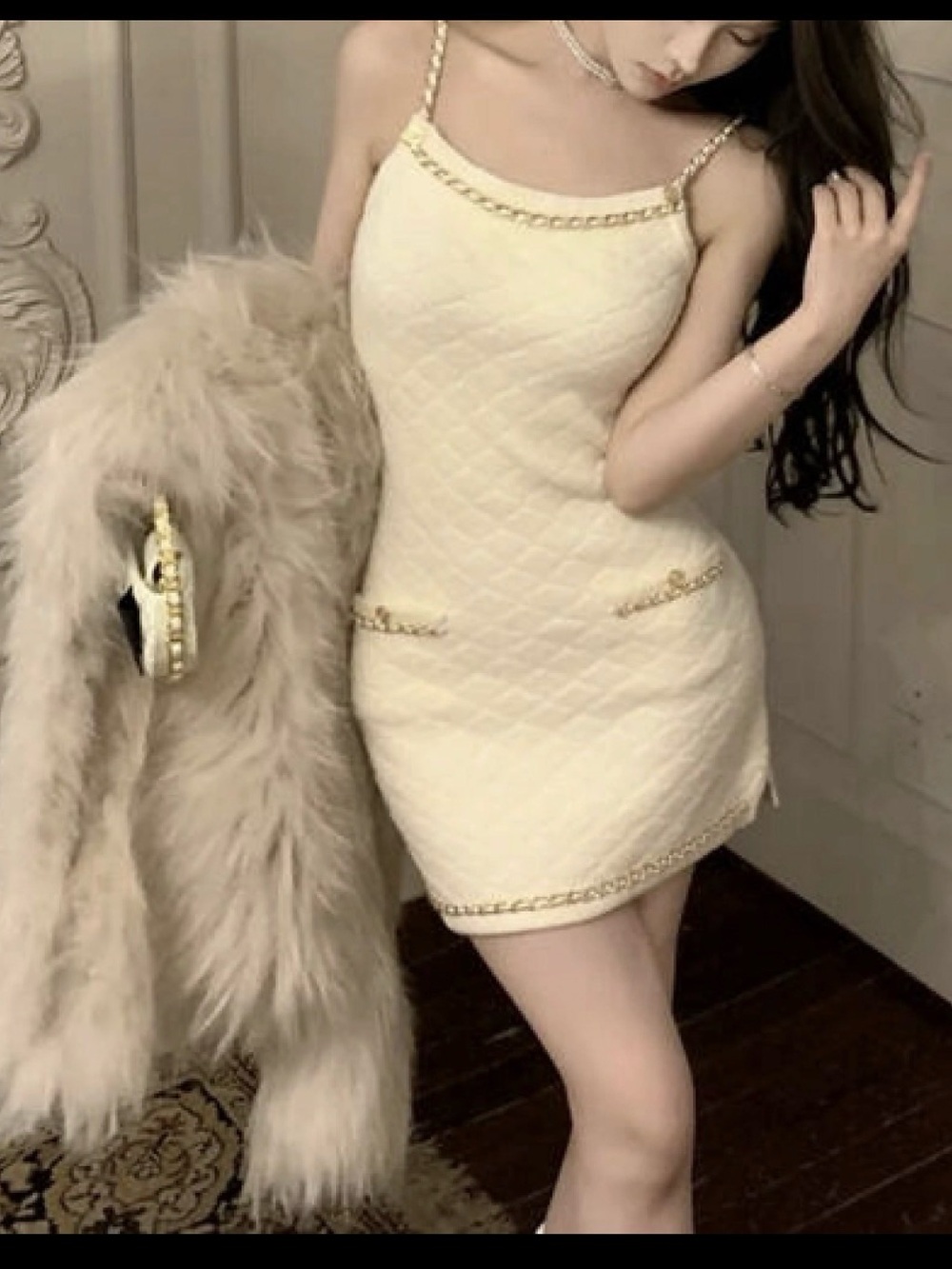 WUUUS KNIT MINI WOMEN DRESS SZ L BEIGE  Y26